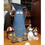 BLUE ENAMEL PITCHER ETC