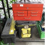 RED METAL TOOL CABINET TOGETHER WITH 2 PLASTIC TOOLBOXES & CONTENTS