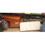 6 VINTAGE CASES, GARDEN TOOLS, WALL TILES, GAMES, LAMP ETC