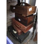 3 SMALL VINTAGE LEATHER SUITCASES, AN INLAID BOX & WOODEN CUTLERY TRAY