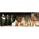 LARGE COLLECTION OF PORCELAIN OWLS, GIN BOTTLES, STONEWARE BIRD OF PREY ETC