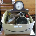 BOX OF COLLECTABLES, BRASSWARE, MANTEL CLOCK ETC