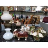 VARIOUS CERAMIC FIGURES OF ANIMALS, AN OIL LAMP ETC