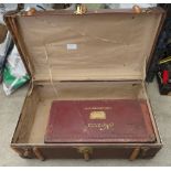 WOOD BOUND STEAMER TRUNK WITH LEATHER BOX