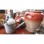 LARGE STONEWARE POT, 2 GALVANISED WATERING CANS & ANOTHER