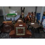 QUANTITY OF WOOD CASED MANTEL CLOCKS, FIGURES OF ALSATIONS, LAMPS ETC