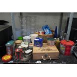 QUANTITY OF ADVERTISING TINS, GLASSWARE, CERAMICS ETC