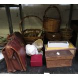 QUANTITY OF BASKETS, MALLORY'S OF BATH JEWELLERY BOX & VINTAGE LEATHER BRIEFCASE ETC