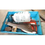BLUE CRATE CONTAINING SCALES, GARDEN SHEARS, HEAVY DUTY SECURITY CHAIN, COBBLERS FOOT, PINCH BAR,
