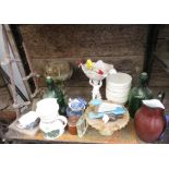 SHELF OF ASSORTED GLASS & CHINA TO INCLUDE GREEN GLASS BOTTLES