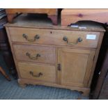 PINE UNIT OF 1 LONG & 2 SHORT DRAWERS WITH A CUPBOARD SECTION