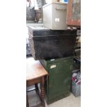 GREEN METAL SINGLE DOOR CUPBOARD, BLACK METAL TRUNK & ONE OTHER ITEM