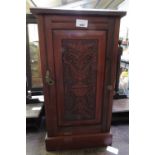 MAHOGANY POT CUPBOARD WITH CARVED DECORATED DOOR