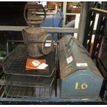 VINTAGE BLUE METAL TOOLBOX WITH CONTENTS TOGETHER WITH OTHER ITEMS