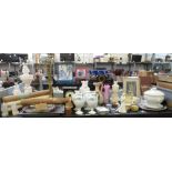 SLATE MANTEL CLOCK, WEDGWOOD VASES TOGETHER WITH OTHER CERAMICS, GLASSES ETC