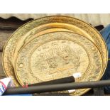 2 LARGE BRASS PLATES WITH EMBOSSED DECORATION