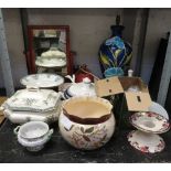 HARRODS PORCELAIN BATHROOM SET TOGETHER WITH A DRESSING TABLE MIRROR, A LARGE BLUE POTTERY LAMP BASE