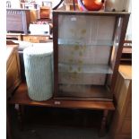 OAK COFFEE TABLE TOGETHER WITH A DISPLAY CABINET & LLOYD LOOM STYLE BASKET