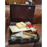 VINTAGE SUITCASE WITH COLLECTABLES TO INCLUDE A TAPE MEASURE