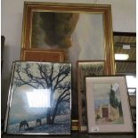 LARGE OIL PRINT OF LANDSCAPE TOGETHER WITH OTHER FRAMED PICTURES & PRINTS