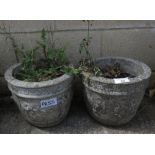 PAIR OF ROUND GARDEN PLANTERS DECORATED WITH FLOWERS