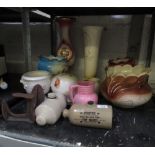 LARGE CERAMIC PIG MONEY BANK TOGETHER WITH JARDINIERES ON STANDS ETC