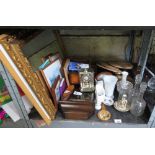 2 GLASS DECANTERS TOGETHER WITH A GILT FRAMED MIRROR, CERAMICS ETC