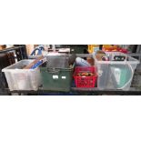 4 BOXES TOOLS INCLUDING PARAFFIN GREEN HOUSE HEATER & 1 GALLON MOWER PETROL TANK