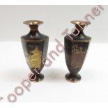 A pair of Japanese inlaid copper vases each decorated with landscapes scenes ,10.5cm high