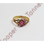 A 22 carat gold ring, set with a red garnet topped doublet, London 1874, finger size N, 3.5 g gross