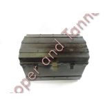 A painted metal dome top travelling trunk the top with wooden slats and with side carrying handles