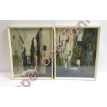 A pair of c.1950's Continental watercolours on board, street scenes, signed 31.5cms x 25cms