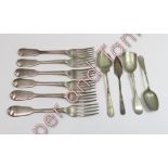 A matched set of six William IV silver fiddle pattern dessert forks, by Mary Chawner, London 1835,