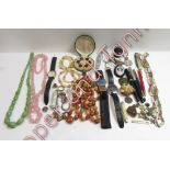 A small collection of bead necklaces, men's watches, penknives and other items