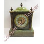 A French alabaster 8 day mantel clock, non striking with pendulum but no key