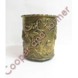 A Chinese bronze brush pot, decorated with a five claw dragon chasing a flaming pearl 15cm high