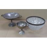 A SILVER HALLMARKED TROPHY, SILVER HALLMARKED BOWL ON FOOT & CUT GLASS BOWL WITH SILVER HALLMARKED