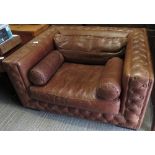 LARGE BROWN LEATHER ARMCHAIR WITH BUTTON DETAIL & 3 VARIOUS REMOVABLE CUSHIONS