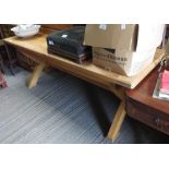 LARGE OAK EXTENDING TABLE WITH TWO LEAVES, ON X FRAME LEGS