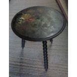 EBONISED SIDE TABLE WITH BOBBIN LEGS & FLORAL DESIGN TO TOP