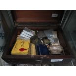 BOX OF COLLECTABLES INCLUDING TOBACCO TIN, COINS ETC