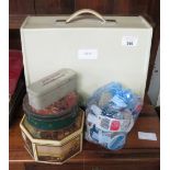 CASED SEWING MACHINE, 3 TINS & A BAG ALL CONTAINING SEWING ITEMS
