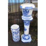 BLUE & WHITE CERAMIC POT STAND WITH MATCHING POT & LARGE BLUE & WHITE VASE