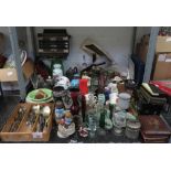 CHINA, CUTLERY, GLASS SCENT BOTTLES, VASES, TEAPOTS, BOXES, SLIPPER BED PAN ETC