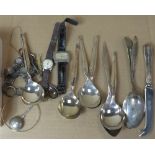 SELECTION OF SILVER PLATE SPOONS, WATCHES ETC