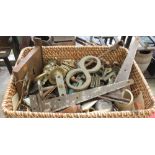 BOX OF IRONMONGERY, BRASS HANDLES ETC