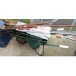 WOODEN WHEELBARROW WITH SHEARS, ETC