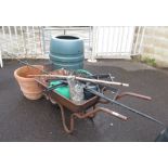 WATER TANK, TERRACOTTA POT, WHEELBARROW & CONTENTS