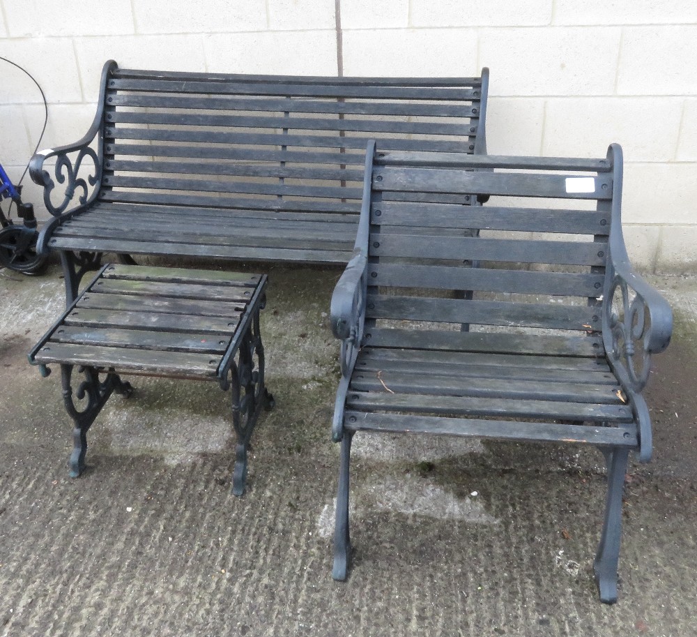 MATCHING SET OF CAST IRON FRAMED BENCH, CHAIR, STOOL/TABLE