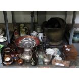 SHELF TO INCLUDE FIRESIDE ITEMS, CHINA, BEER STEIN, TEAPOT ETC
